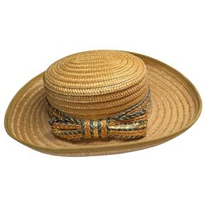 Miriam LefCourt Tan Straw Hat Decorative Band bow vintage fall vacation neutral